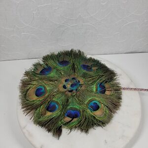 Vintage Peacock Feather Fan 12" Diameter Green Blue Round Wrapped Wood Handle